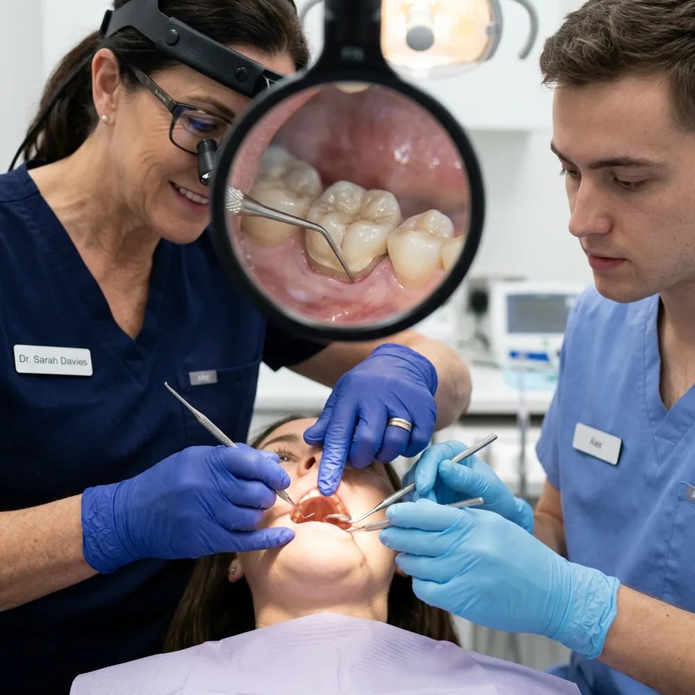 Close-up of hands-on dental mentorship and feedback under magnification