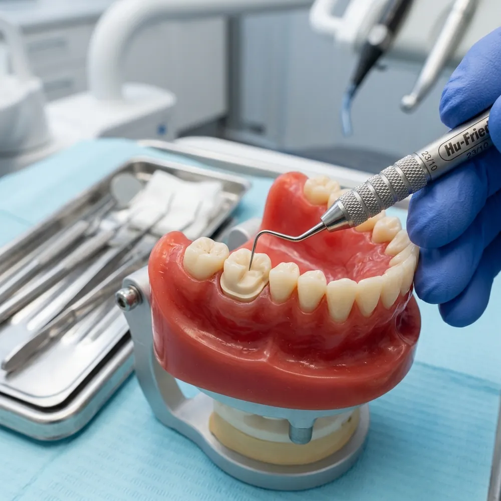 Close-up of precise hand instrumentation on a crown preparation model